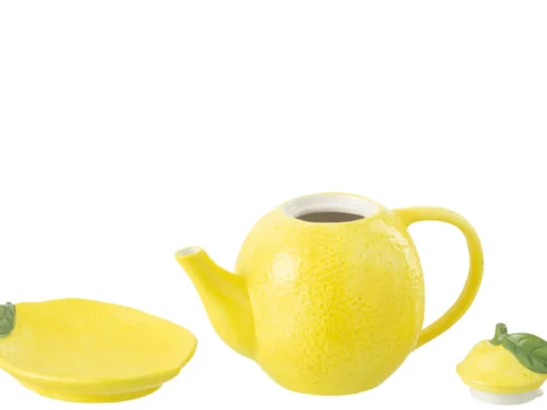 Theepot Tollal Dolomiet Meerkleurig in citroenvorm met schotel en suikerpot, speels en elegant tafelservies