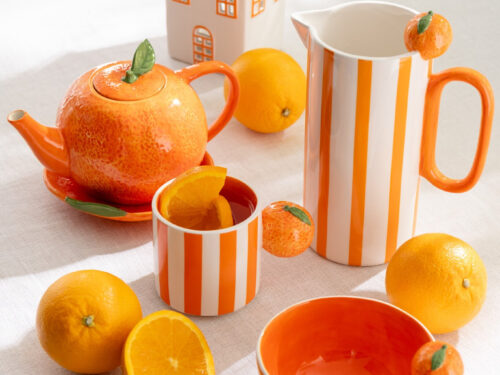 Mok Skierdin set van 3 meerkleurige dolomiet mokken in oranje strepen met fruitige accenten