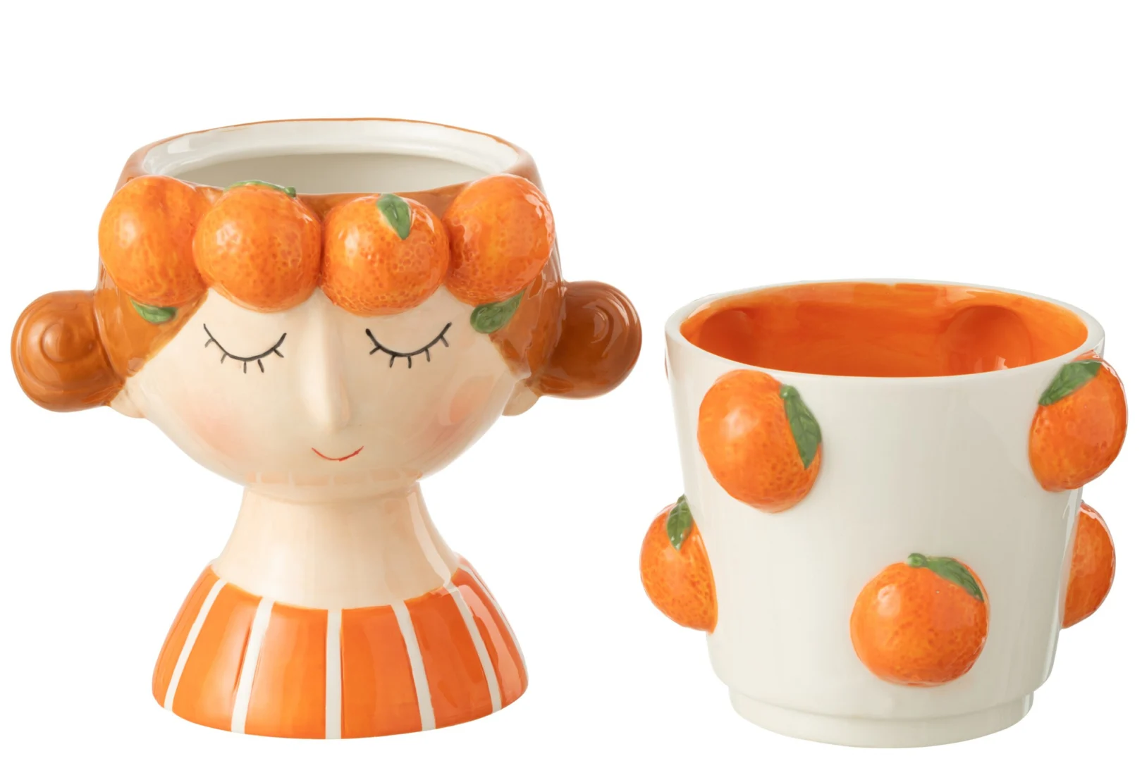 Bloempot Neinser Dolomiet set van 2 met oranje sinaasappelmotief en speelse meisjesvorm