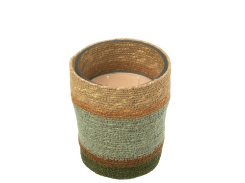 Geurkaars Flores in meerkleurig glas met rotan, sfeervol en natuurlijk als woonaccessoire