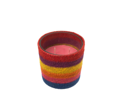 Geurkaars Prallena in meerkleurig glas met rotan omhulsel en warme houtachtige Woody Aurora-geur