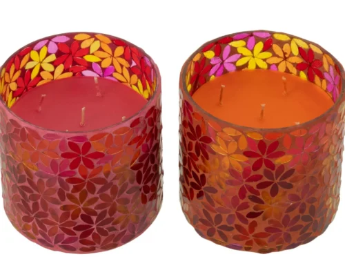 Set van 2 geurkaarsen Prurnil Glas Meerkleurig met bloemmozaïek, warme tinten en decoratief glas