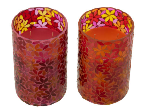 Set van 2 Geurkaars Betor in meerkleurig glas met bloemmotief en warme bloemige uitstraling