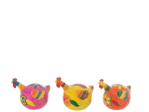 Beeld Sleilvu Steen Meerkleurig set van 3 kleurrijke kippenbeelden met bloemen, H15 cm, decoratieve woonaccessoires