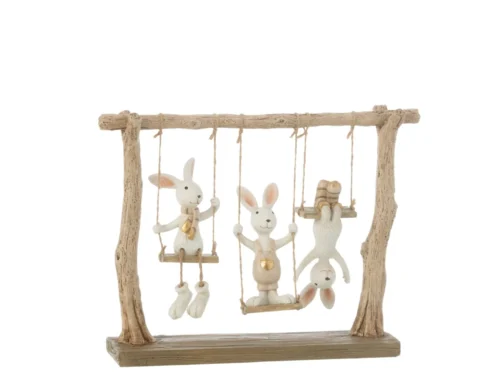 Decoratiefiguur Ridane Steen Meerkleurig H20 cm met drie schattige konijntjes aan een houten schommelframe