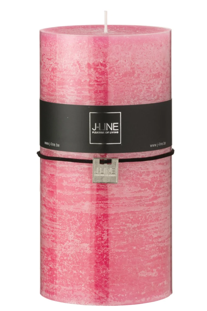 Roze Jidak cilinderkaars van 100% paraffine met stoere J-Line band en zachte marmerlook finish