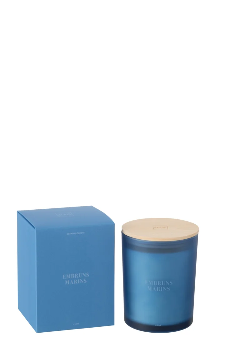 Blauwe Geurkaars Fiebu met houten deksel en verpakking, frisse zeespray geur, modern en rustgevend interieurstuk