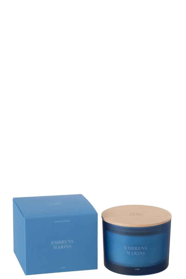 Blauwe Treemmun geurkaars met houten deksel en verpakking, maritieme stijl en frisse zeespraygeur