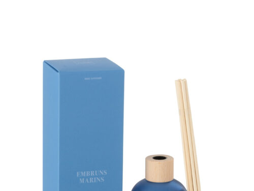 Geurstokjes Rormand Blauw met blauwe diffuser, houten dop, stokjes en Embruns Marins verpakking