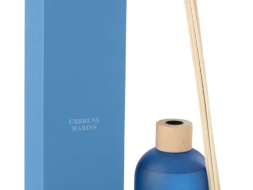 Blauwe Geurstokjes Kaaltor met fles, houten dop en stokjes voor frisse zeespraygeur