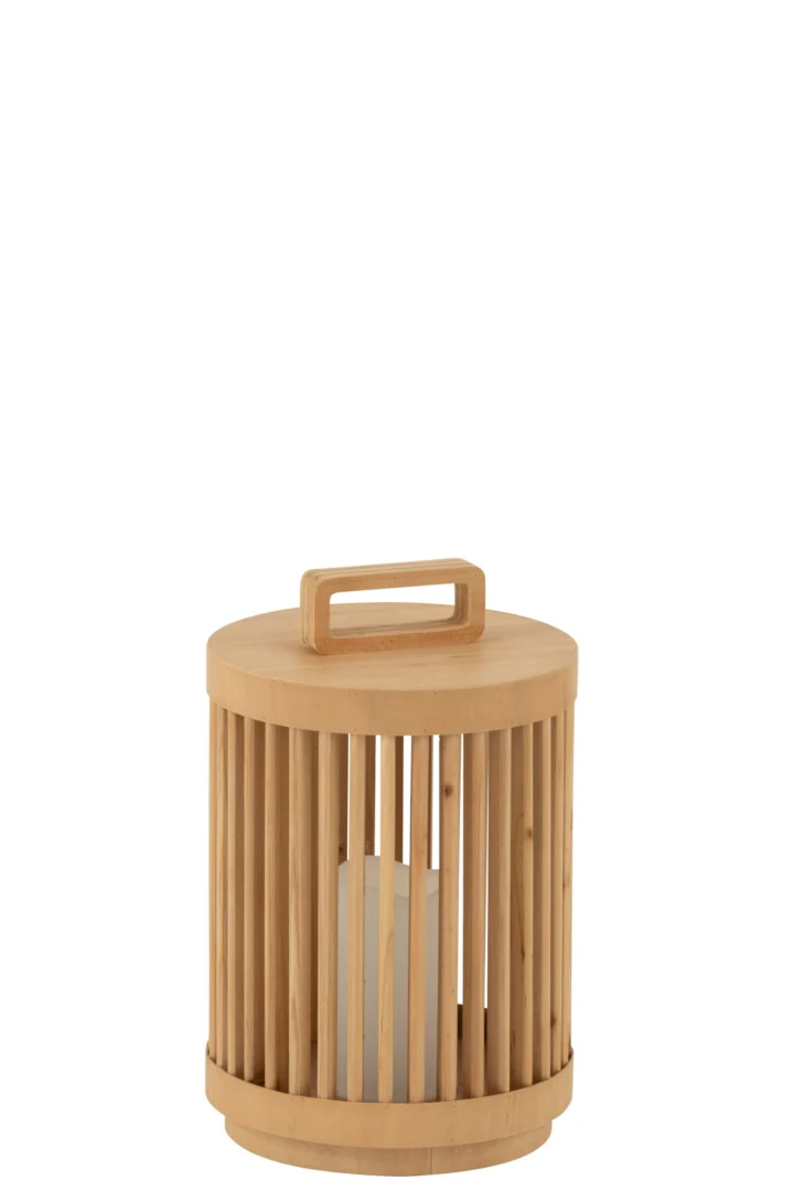 Lamp Trievas Hout: cilindervormige naturel houten tafellamp met geïntegreerd LED-licht en open lattenstructuur