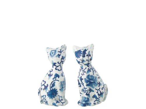 Lierdano set van 2 kattenbeelden in blauw-wit polyresin, H16,8 cm, decoratief en speels