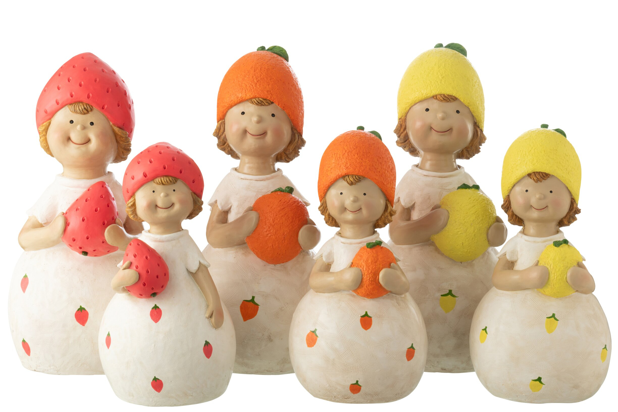 Veirronte meerkleurige woonaccessoires set van 3 met speelse figuren in rood, oranje en geel met fruitaccenten