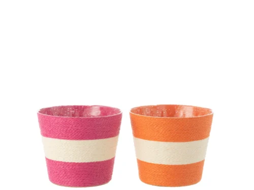 Bloempot Peirmand Papier Meerkleurig set van 2, roze en oranje met witte band, H13 cm