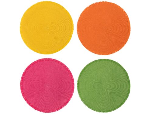 Caulol ronde papier placemats set van 4 in geel, oranje, roze en groen met kleurrijk dessin