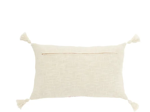 Kleemano sierkussen roze 50x30 cm met wit-roze strepen en kwastjes, rechthoekig en decoratief