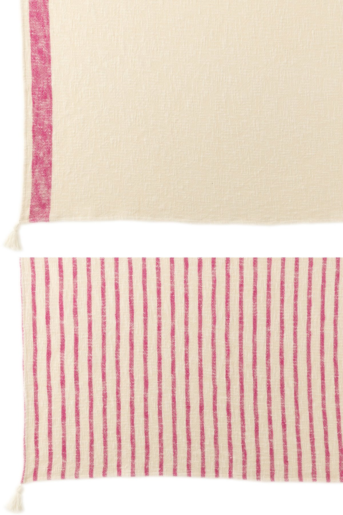 Plaid Brakil Roze set van 2 met beige basis, roze strepen en kwastjes voor een zachte, luchtige uitstraling