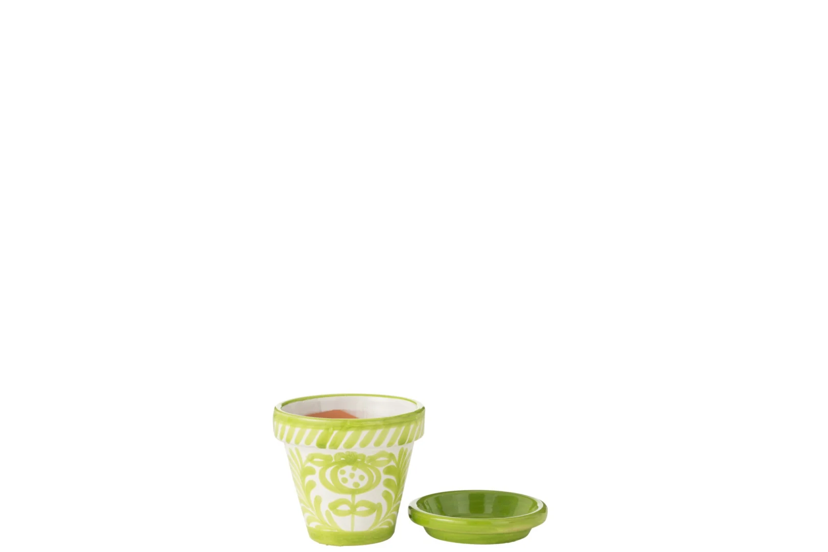 Bloempot Zoolas keramiek meerkleurig met groene handgeschilderde print en schotel, H15 cm