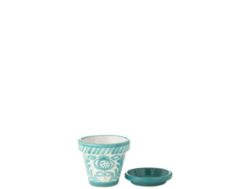 Bloempot Gausen meerkleurig keramiek H15 cm met turquoise handgeschilderd bloemmotief en schotel