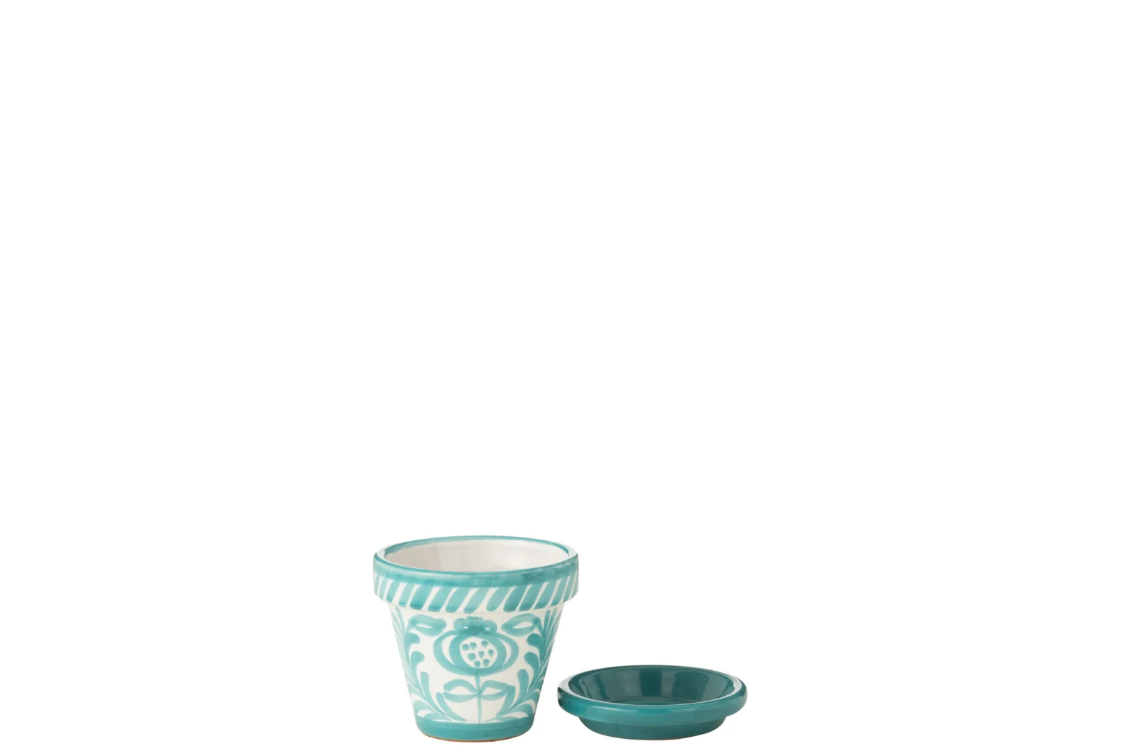 Bloempot Gausen meerkleurig keramiek H15 cm met turquoise handgeschilderd bloemmotief en schotel