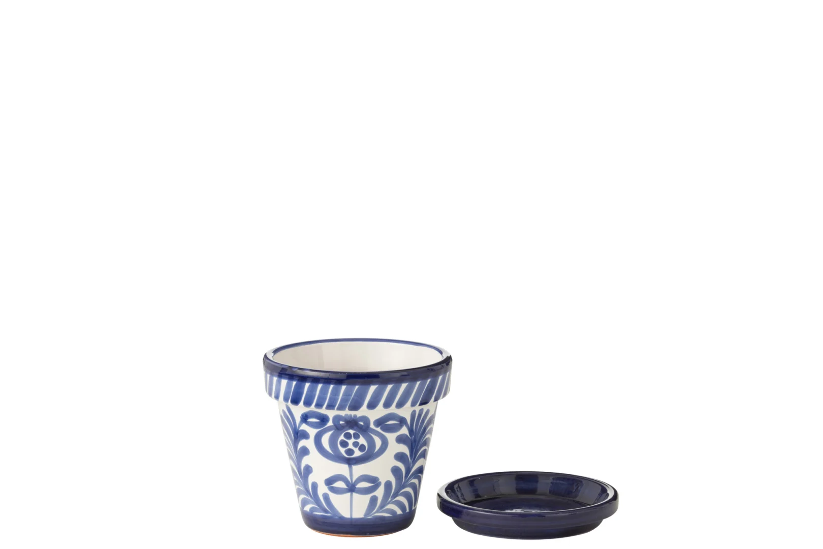 Bloempot Royan keramiek meerkleurig met blauw-wit patroon, compacte sierpot met schotel, H19 cm