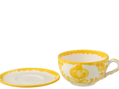 Kopje Jilea keramiek met schotel, geel bloemmotief en speels design