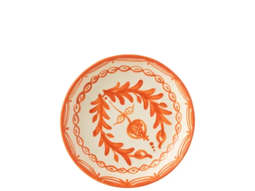 Kom Beelvon keramiek schaal wit-oranje met decoratief oranje bladmotief en ronde lage vorm