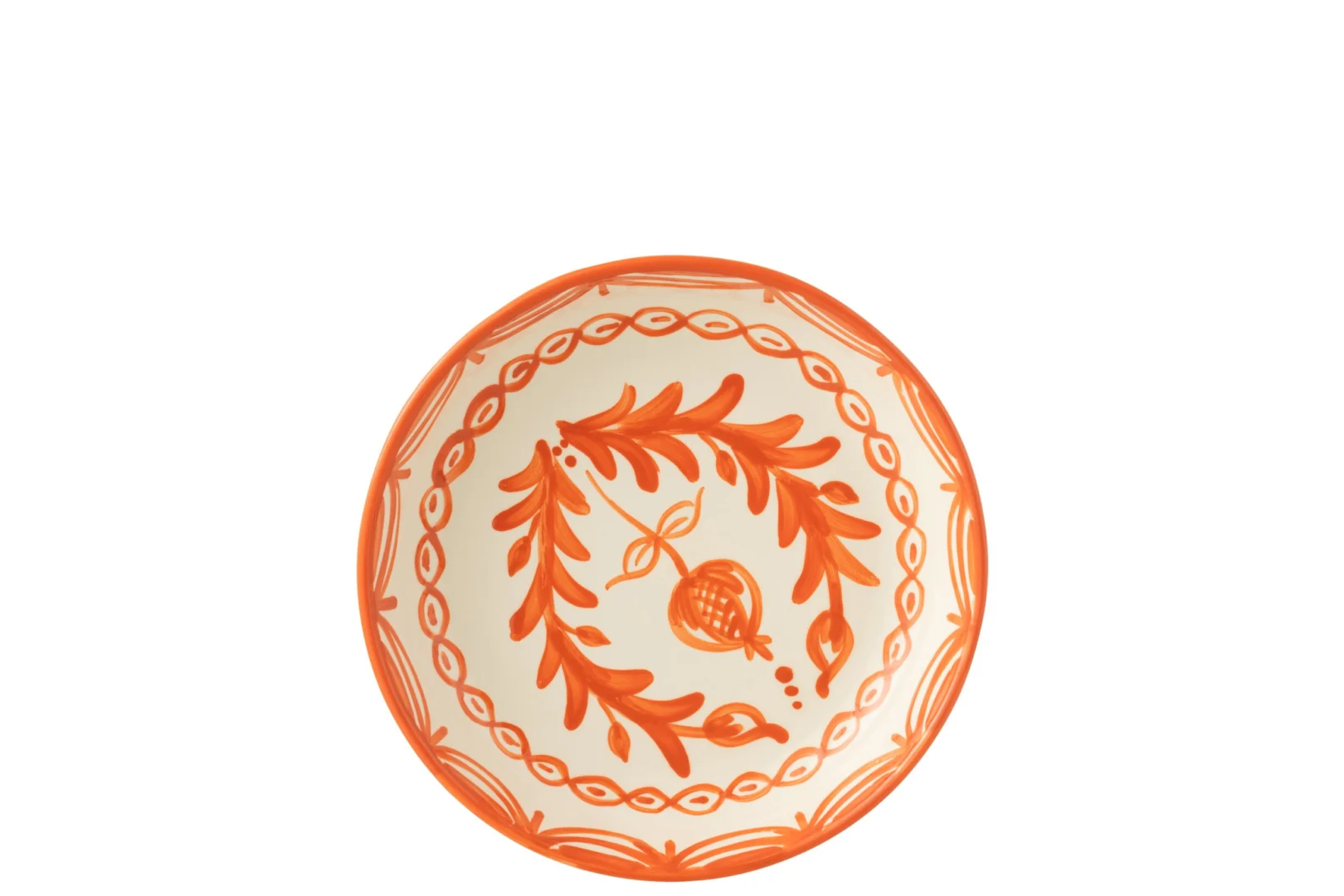 Kom Beelvon keramiek schaal wit-oranje met decoratief oranje bladmotief en ronde lage vorm