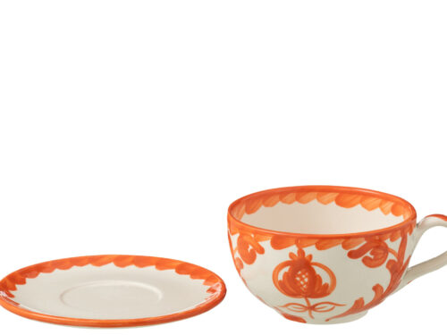 Kopje Skuldis keramiek met schotel, meerkleurig oranje bloemendessin en handgreep