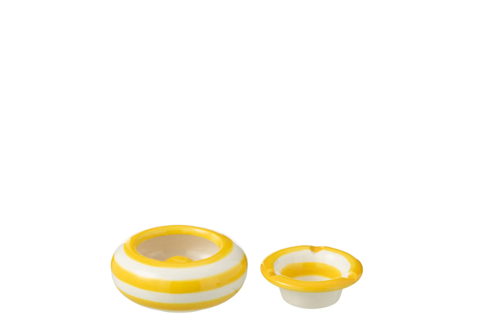 Stestum keramieken asbak, meerkleurig geel-wit, compact rond design met diepe asbak en sigaretnokjesgroef