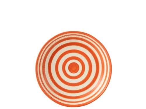 Kom Hoomir keramiek meerkleurig met oranje-witte cirkelstrepen, lage ronde decoratieve schaal