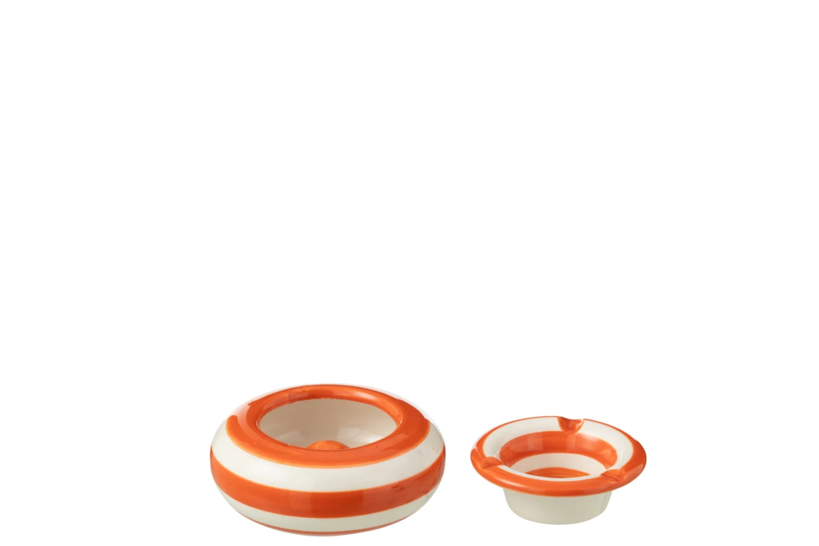 Asbak Helsinki keramiek meerkleurig met oranje-witte strepen, compact rond ontwerp en stevige afwerking