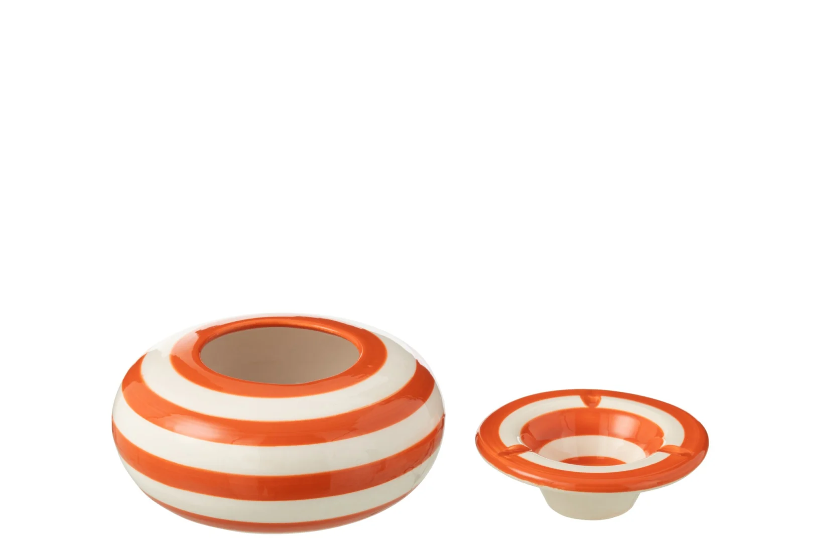 Granada Stripes asbak van keramiek, rond en meerkleurig met oranje-witte strepen