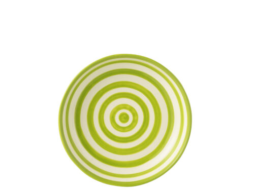 Kom Vieldi keramiek meerkleurig met groene ringen, lage ronde kom voor dagelijks gebruik