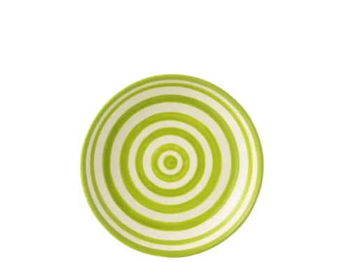 Kom Vieldi keramiek meerkleurig met groene ringen, lage ronde kom voor dagelijks gebruik