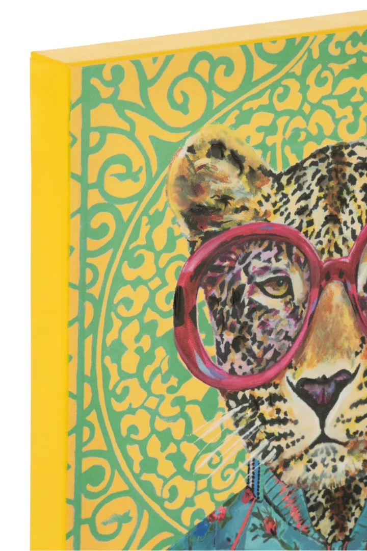 Schilderij Perth Meerkleurig canvas met kleurrijke cheetah en speels patroon op gele achtergrond