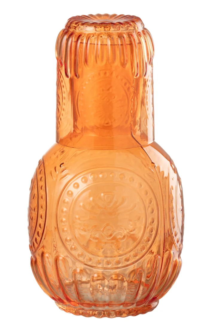 Karaf Tannella Glas Oranje, compact decoratief woonaccessoire met geribbelde vorm en warme transparante kleur