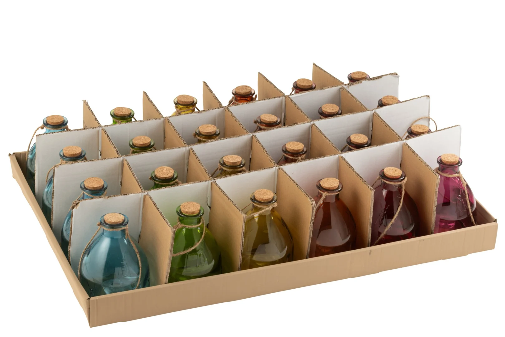 Dienblad Klinnero Glas Meerkleurig set van 6, compact glazen flessen in vakverpakking met kurkdeksels