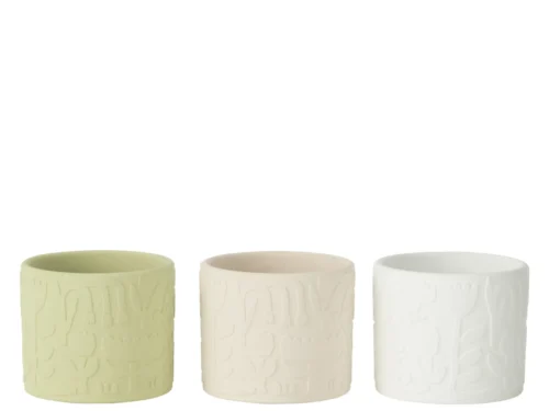 Set van 3 Bloempot Tooki terracotta in meerkleurig pastel, compact 10,5 cm met reliëfpatroon