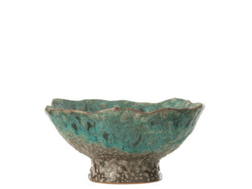 Dienblad Vulond steen meerkleurig, organische vorm met turquoise glazuur en robuuste voet