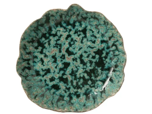 Dienblad Flemura steengoed, meerkleurig rond met decoratieve turquoise en zwarte glazuur