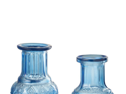 Blauwe Slisano glazen vazen set van 2 met reliëf en compact 14 cm formaat