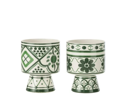 Bloempot Kientia keramiek meerkleurig, set van 2 met groen patroon en compact 17 cm formaat