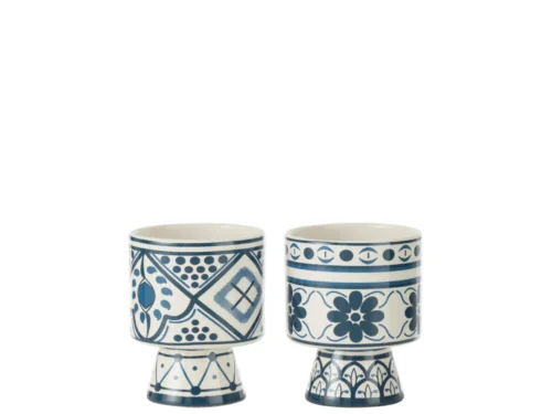 Bloempot Graannone keramiek set van 2 met blauw-wit patroon en compacte ronde vorm