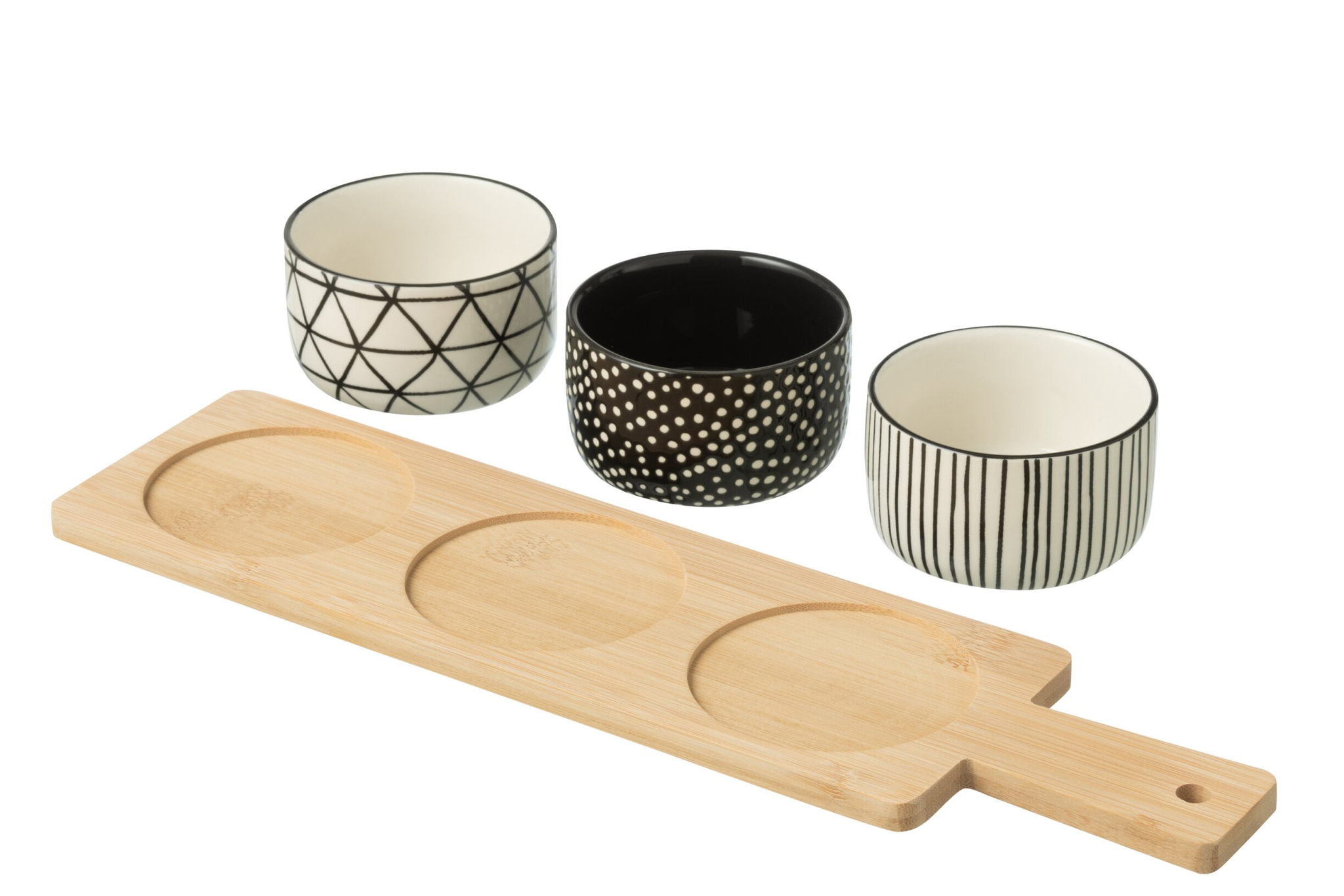 Servies Zidaro keramiek zwart, set van 3 schaaltjes met bamboe dienblad en zwart-witte patronen