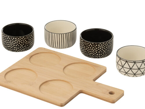 Dienblad Finnen Keramiek Zwart set van 4 met bamboe plank en vier decoratieve schaaltjes in zwart-witprinten