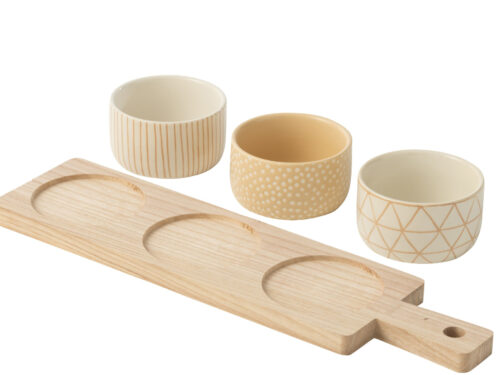 Dienblad Sesino hout beige met drie keramieken cups, compact langwerpig ontwerp voor sfeervolle styling