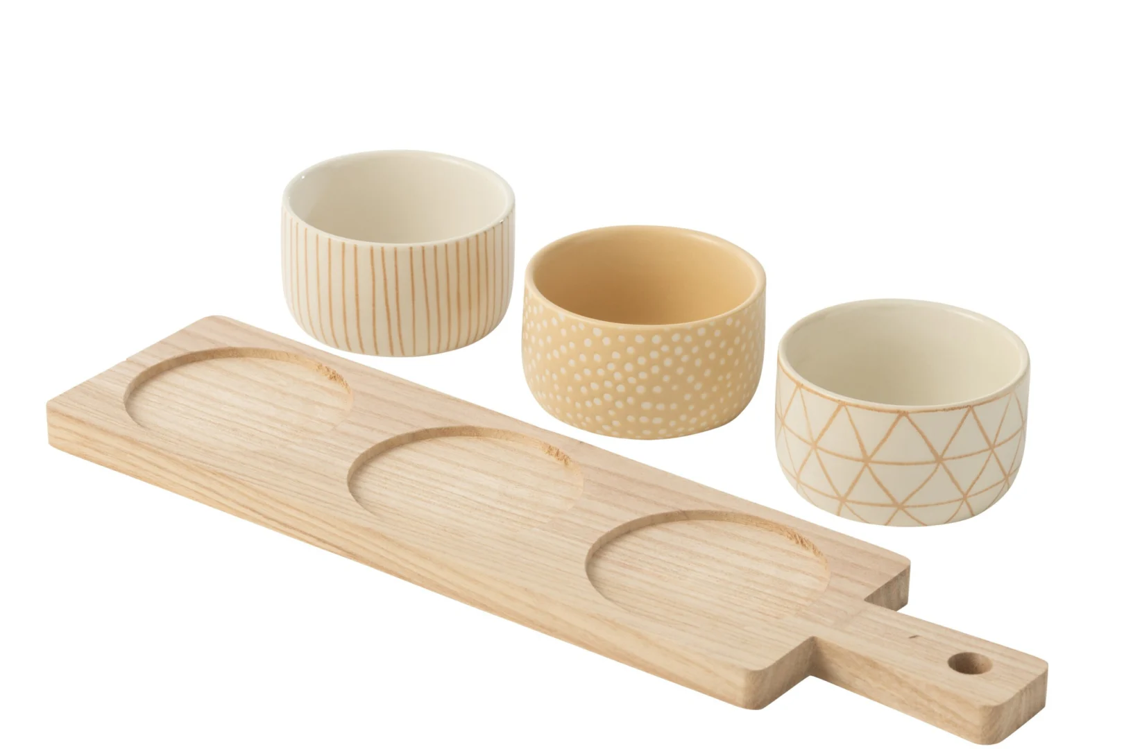 Dienblad Sesino hout beige met drie keramieken cups, compact langwerpig ontwerp voor sfeervolle styling