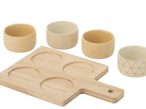 Dienblad Staulis hout beige met vier keramische schaaltjes in natuurlijke, warme prints
