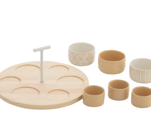 Servies Moonsel keramiek beige met houten dienblad en 6 tapasschaaltjes